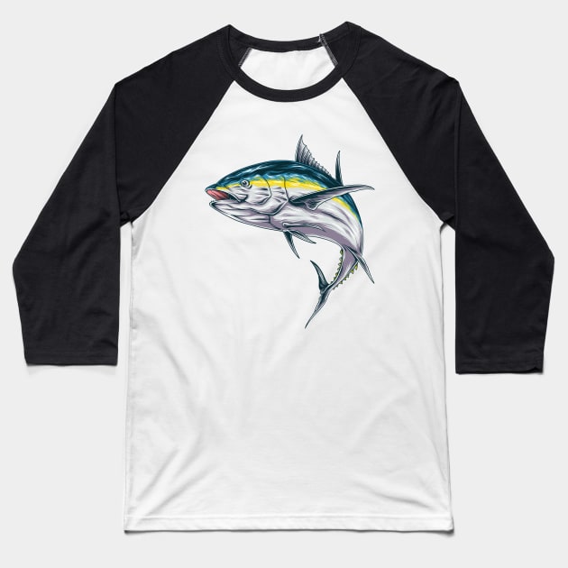 Yellow Blue Tuna Fish Baseball T-Shirt by Mako Design 